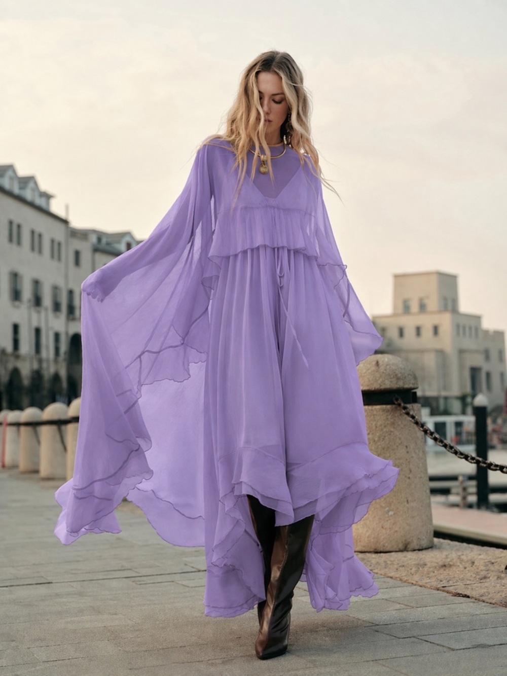 78 Semi-Sheer Chiffon Layered Dress With Cloak